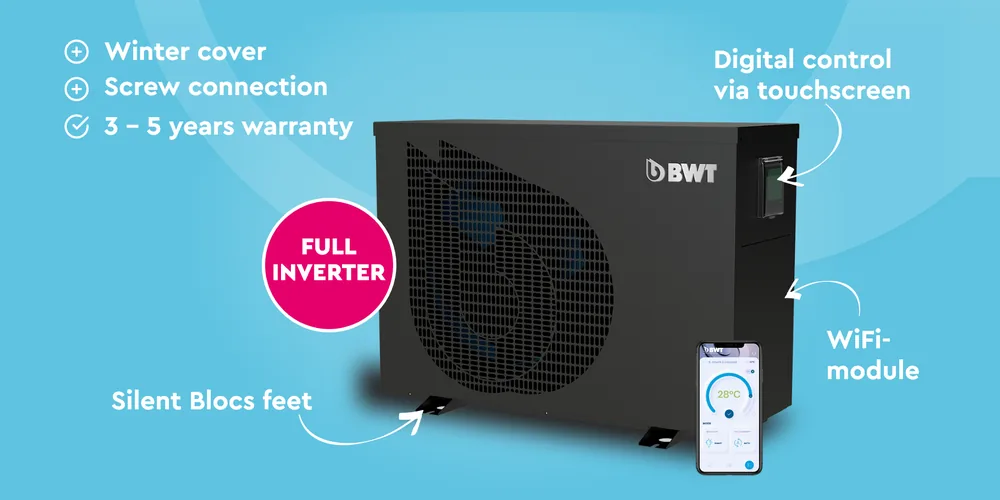 A BWT inverter pool heat pump with its phone app