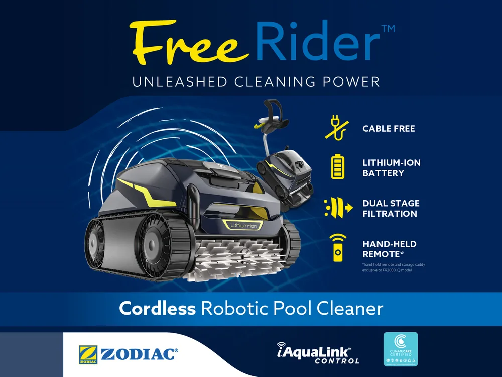 Zodiac FreeRider product panel listing cable free, lithium-ion battery, dual stage filtration and hand-held remote