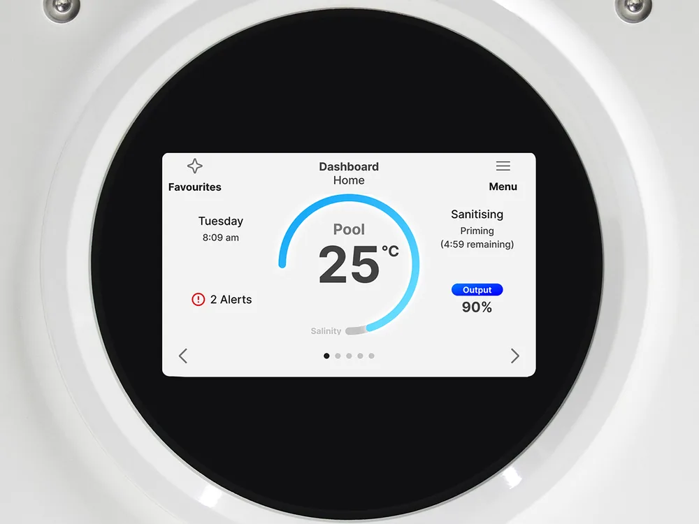 Close-up of the Solo dashboard showing pool temperature, salinity, sanitising status and output percentage