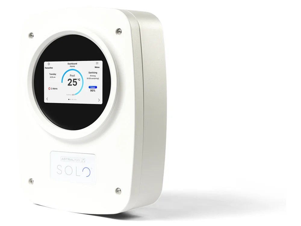 AstralPool Solo salt chlorinator, a white wall-mounted unit with a round touchscreen