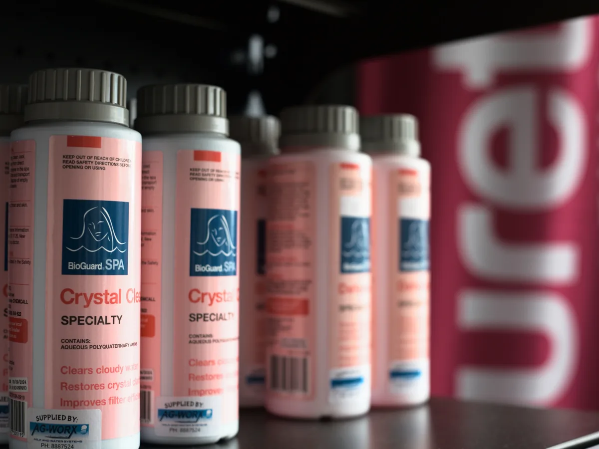 BioGuard spa chemical on the shelf in the Ag Worx shop